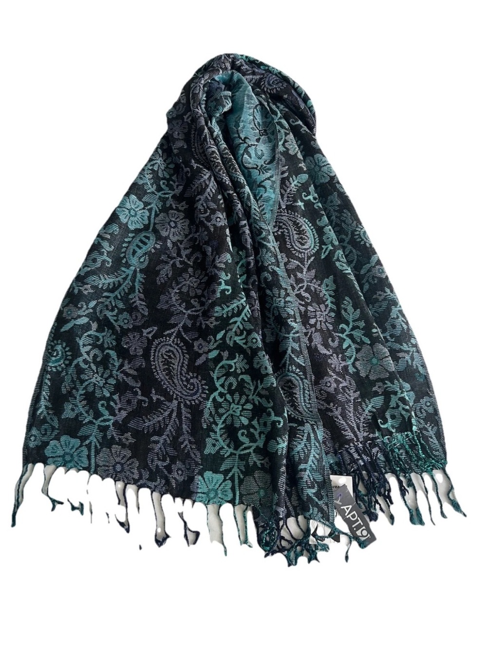NWT APT.9 Shawl Scarf Turquoise Black Floral Woven Pattern 70” x 21” with Fringe